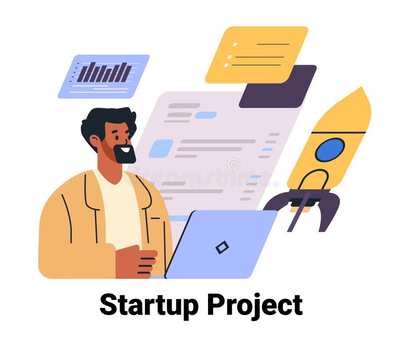 Projekt startup business concept man notebook rocket charts kolorowa grafika nowoczesny projekt ilustracja wektor