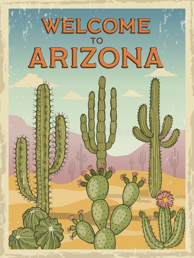Projekta szablon retro plakata powitanie Arizona Ilustracje dzicy kaktusy royalty ilustracja Projekta szablon retro plakata powitanie Arizona Ilustracje dzicy kaktusy royalty ilustracja