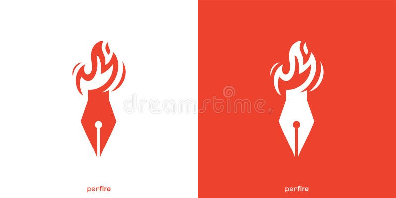 Projektowanie logo pożarowego pióra kreatywnego. pisarz pióra i grafika ikony ognia. szablon projektu logo Hot Writer