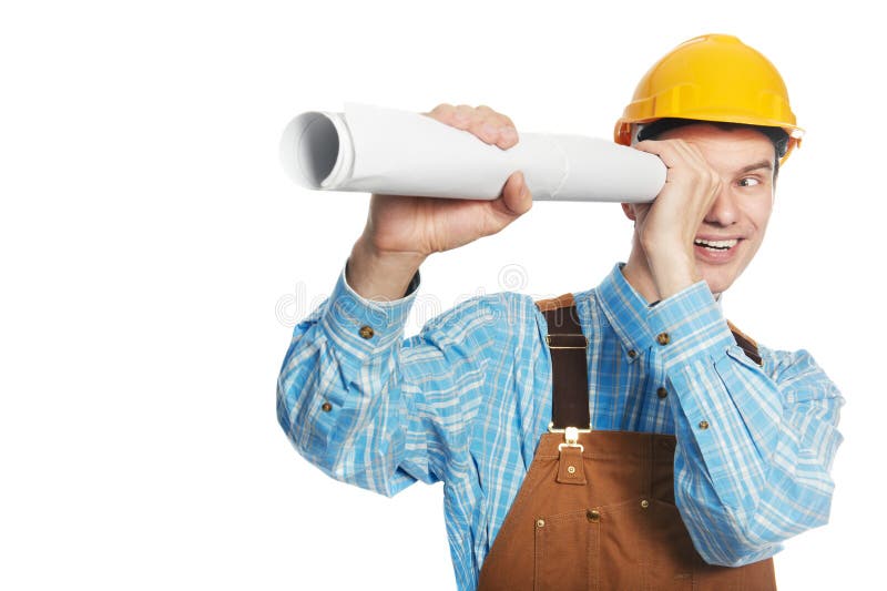 Smiling young happy builder worker in protective hardhat and workwear overall with drafts plans isolated. Smiling young happy builder worker in protective hardhat and workwear overall with drafts plans isolated