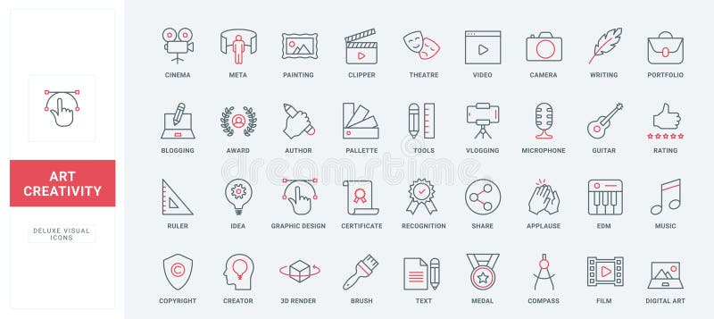 Artwork project, creative art idea generation line icons set. Digital tools to create and share video and text, music film and graphic design thin black and red outline symbols vector illustration. Artwork project, creative art idea generation line icons set. Digital tools to create and share video and text, music film and graphic design thin black and red outline symbols vector illustration