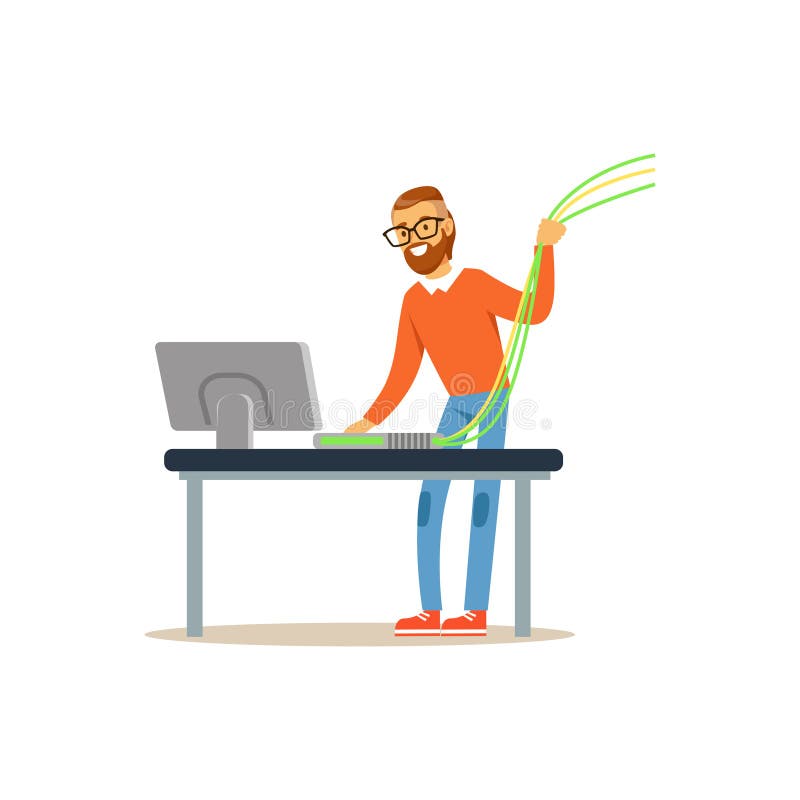 Projete o administrador que trabalha com um computador, ilustração do sistema a TI do vetor do serviço dos trabalhos em rede ilustração stock Projete o administrador que trabalha com um computador, ilustração do sistema a TI do vetor do serviço dos trabalhos em rede ilustração stock