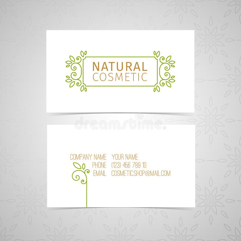 Projete o molde para o cartão natural orgânico dos cosméticos com linha logotipo e rode elemento e floresça, folheie, erva ilustração royalty free Projete o molde para o cartão natural orgânico dos cosméticos com linha logotipo e rode elemento e floresça, folheie, erva ilustração royalty free