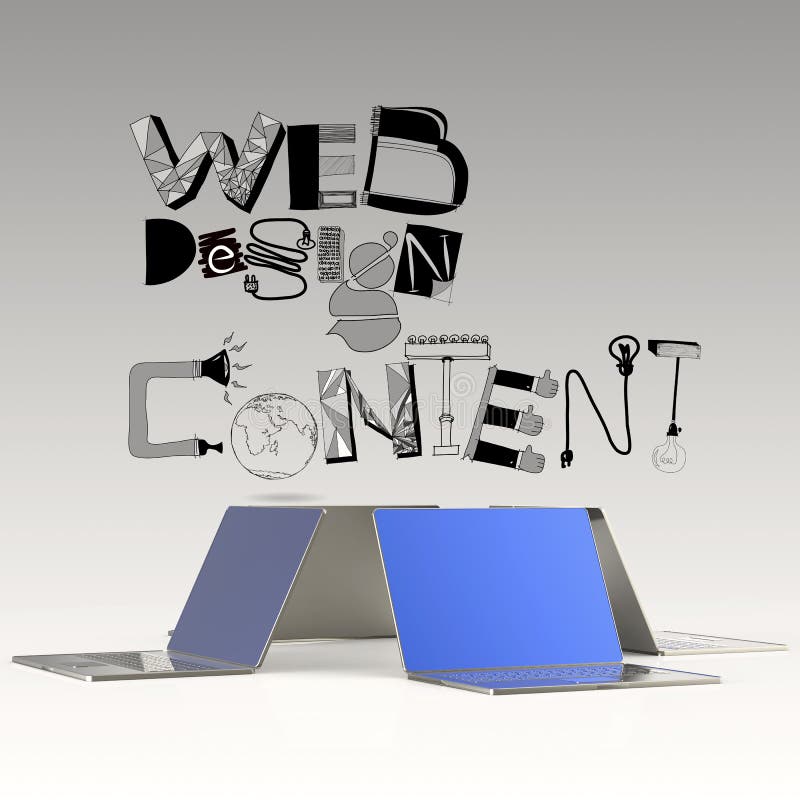 Design word WEB DESIGN CONTENT e portátil computador 3D ilustração royalty free