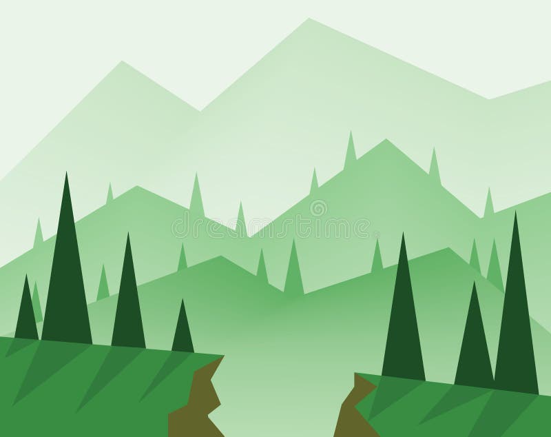 Projeto abstrato da paisagem com árvores verdes, montes, névoa e uma falha, estilo liso ilustração stock Projeto abstrato da paisagem com árvores verdes, montes, névoa e uma falha, estilo liso ilustração stock