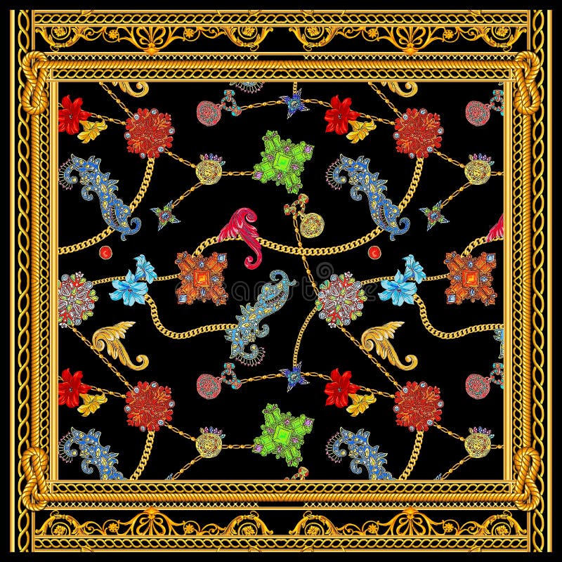 Projeto barroco do lenço do versace da corrente dourada ilustração do vetor Projeto barroco do lenço do versace da corrente dourada ilustração do vetor