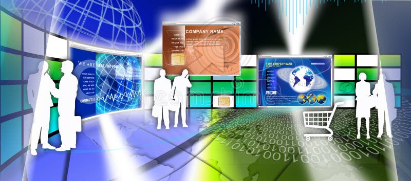 An image showing several web page designs for the technology business and social sectors dealing with companies and individual who promote, health care, computer security, color or colour lifestyle consulting, banking and finance, shopping online and international activities. Shown here on a video wall as in an exhibition with figures of business men and women walking around the area, also shown is a shopping cart. An image showing several web page designs for the technology business and social sectors dealing with companies and individual who promote, health care, computer security, color or colour lifestyle consulting, banking and finance, shopping online and international activities. Shown here on a video wall as in an exhibition with figures of business men and women walking around the area, also shown is a shopping cart.