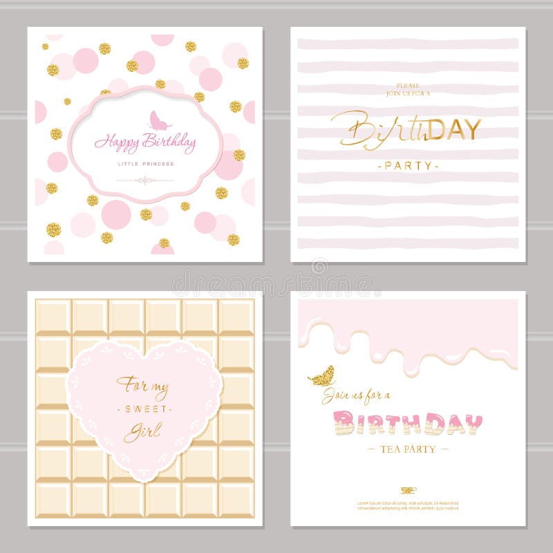 Projeto de cartões bonito com brilho para meninas Convite da festa de anos Às bolinhas incluído, chocolate e testes padrões sem e ilustração royalty free Projeto de cartões bonito com brilho para meninas Convite da festa de anos Às bolinhas incluído, chocolate e testes padrões sem e ilustração royalty free