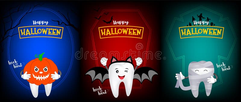 Projeto de caráter assustador bonito do dente da abóbora, do bastão e da mamã ilustração royalty free Projeto de caráter assustador bonito do dente da abóbora, do bastão e da mamã ilustração royalty free