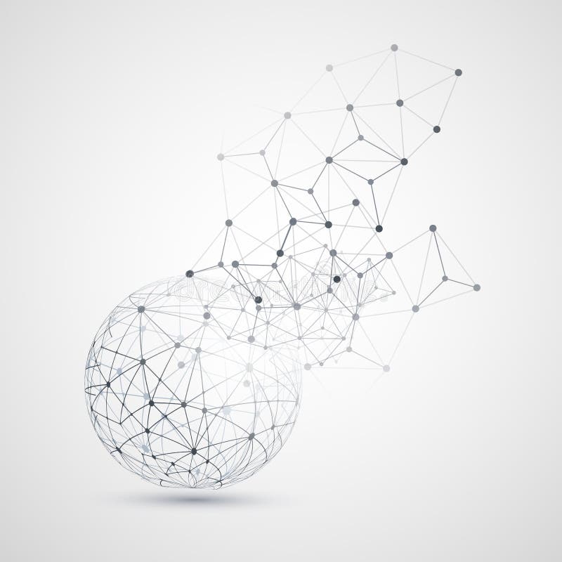 Projeto de conceito abstrato da computação da nuvem e das conexões de rede com malha geométrica transparente, esfera de Wireframe ilustração do vetor Projeto de conceito abstrato da computação da nuvem e das conexões de rede com malha geométrica transparente, esfera de Wireframe ilustração do vetor