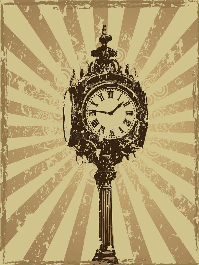 Victorian clock outline on a sunburst grunge patterned background in brown and tan. Victorian clock outline on a sunburst grunge patterned background in brown and tan.