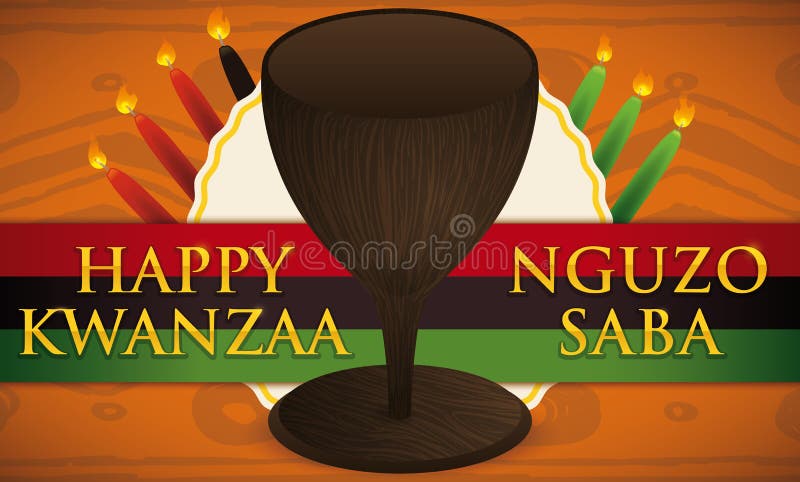 Projeto de Kwanzaa com copo, velas, etiqueta e a bandeira tradicionais, ilustração do vetor