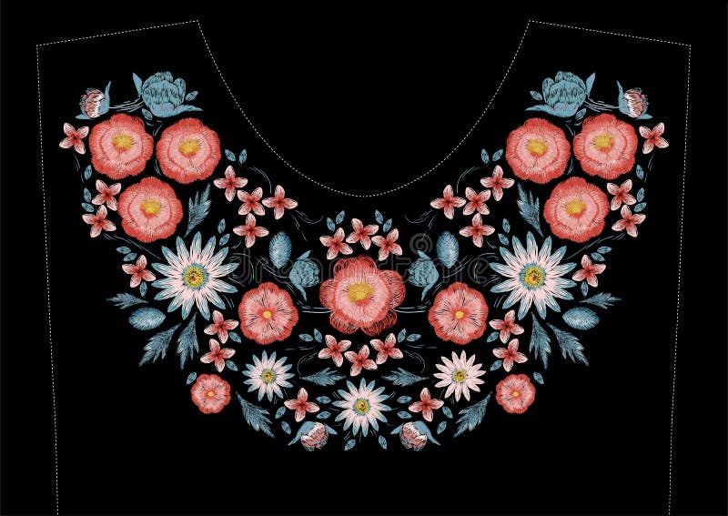 Projeto do bordado do ponto de cetim com flores Linha popular teste padrão na moda floral para o decote do vestido Forma colorida ilustração do vetor Projeto do bordado do ponto de cetim com flores Linha popular teste padrão na moda floral para o decote do vestido Forma colorida ilustração do vetor