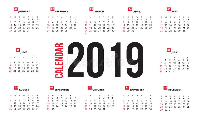 Projeto do calendário para 2019 ilustração royalty free Projeto do calendário para 2019 ilustração royalty free