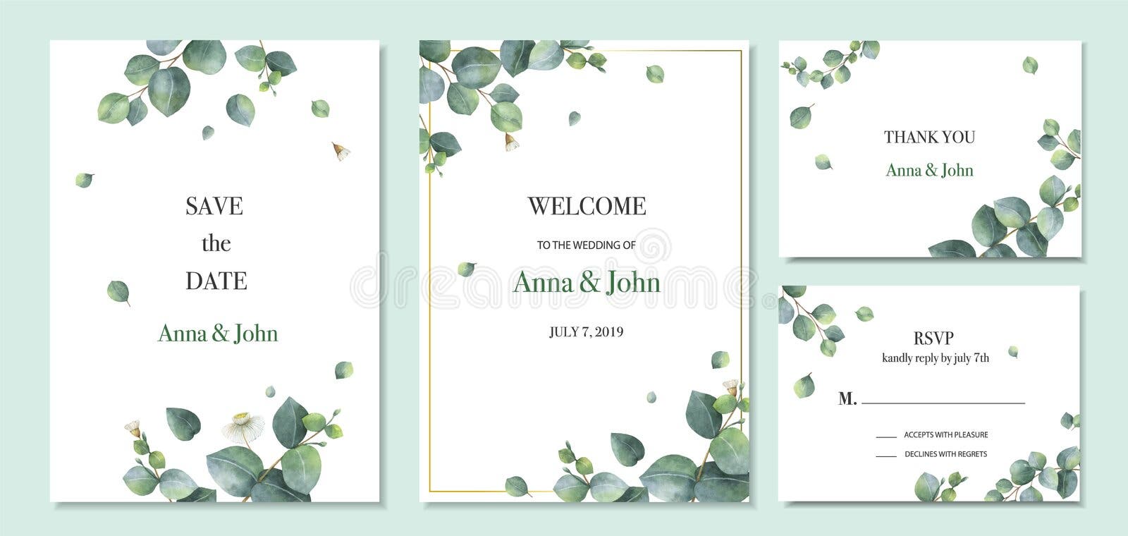Projeto do molde do cartão do convite do casamento do grupo do vetor da aquarela com as folhas verdes do eucalipto Projeto do molde do cartão do convite do casamento do grupo do vetor da aquarela com as folhas verdes do eucalipto
