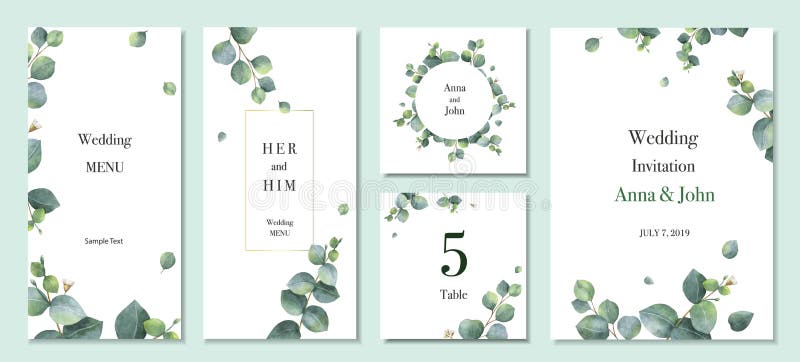 Projeto do molde do cartão do convite do casamento do grupo do vetor da aquarela com as folhas verdes do eucalipto