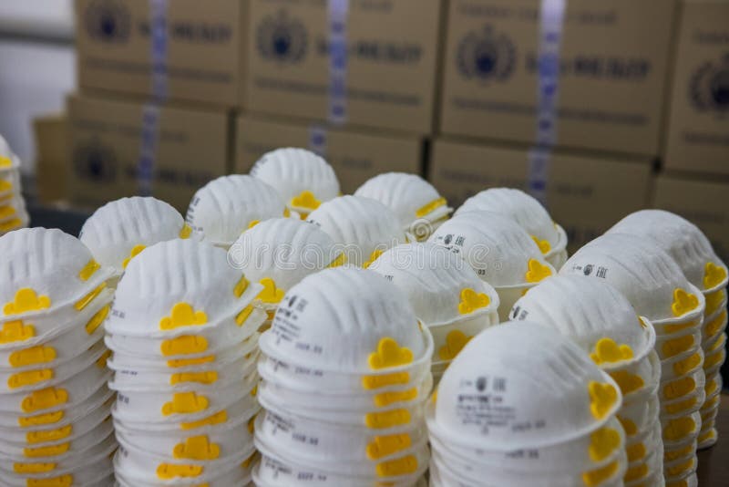 Respirator design and manufacturing factory. Respirators before packing in boxes. Respirator design and manufacturing factory. Respirators before packing in boxes