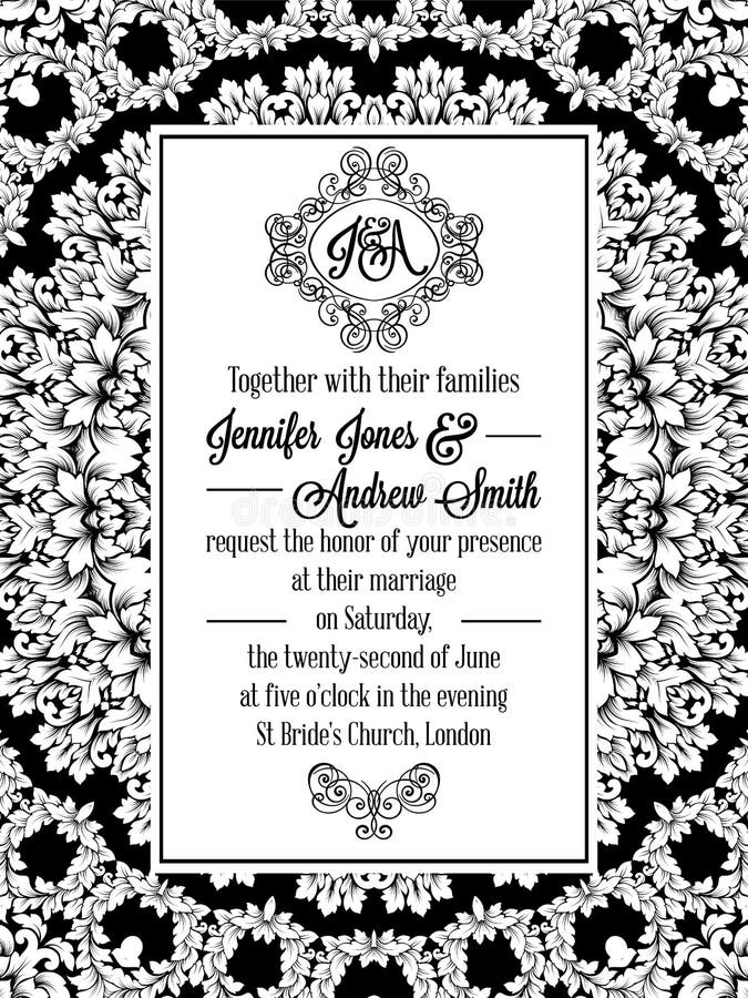 Projeto do teste padrão do damasco para o convite do casamento em preto e branco Quadro real de brocado e monograma excelente ilustração royalty free Projeto do teste padrão do damasco para o convite do casamento em preto e branco Quadro real de brocado e monograma excelente ilustração royalty free