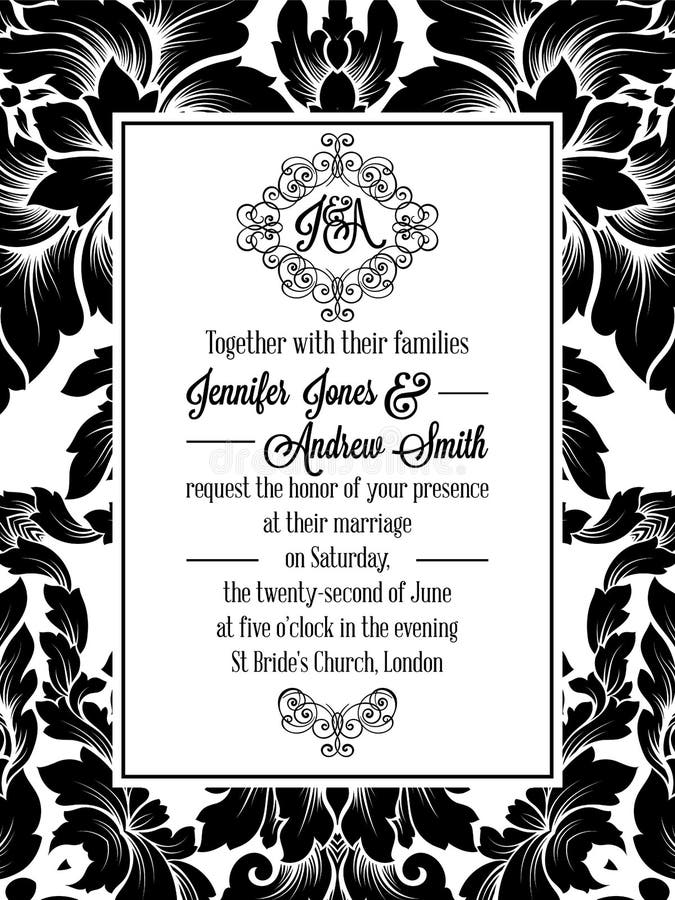 Projeto do teste padrão do damasco para o convite do casamento em preto e branco Quadro real de brocado e monograma excelente ilustração stock Projeto do teste padrão do damasco para o convite do casamento em preto e branco Quadro real de brocado e monograma excelente ilustração stock