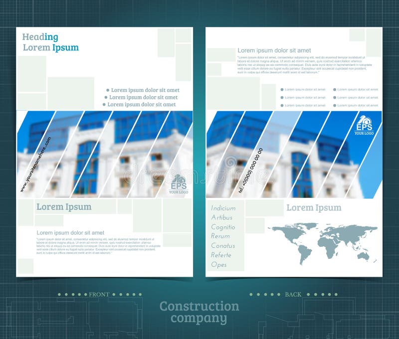 Projeto frente e verso do molde do folheto ou do flayer com o foto a cores borrado de construção exterior Tampa do modelo no esti ilustração do vetor Projeto frente e verso do molde do folheto ou do flayer com o foto a cores borrado de construção exterior Tampa do modelo no esti ilustração do vetor