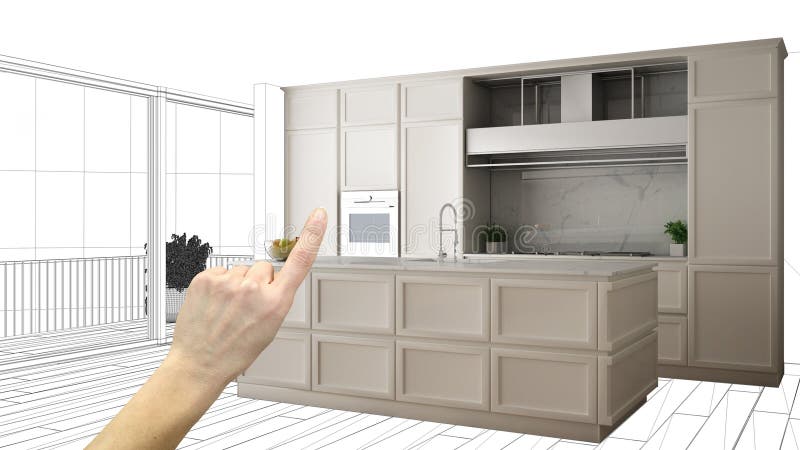 Projeto inacabado, sob o esboço da construção, esboço do design de interiores do conceito, mão que aponta a cozinha clássica real ilustração stock Projeto inacabado, sob o esboço da construção, esboço do design de interiores do conceito, mão que aponta a cozinha clássica real ilustração stock