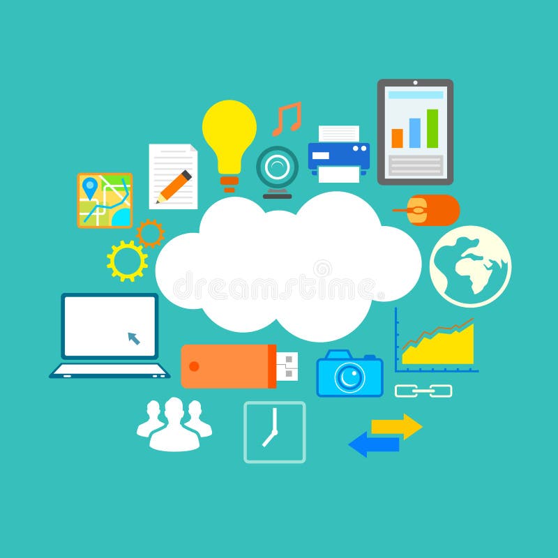 Illustration of flat design of technology showing icon in cloud computing concept. Illustration of flat design of technology showing icon in cloud computing concept