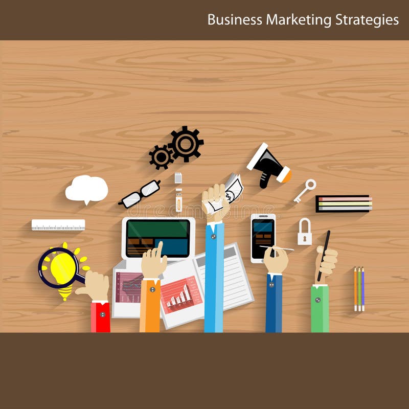 Vector Business marketing strategies flat design with object office. Vector Business marketing strategies flat design with object office