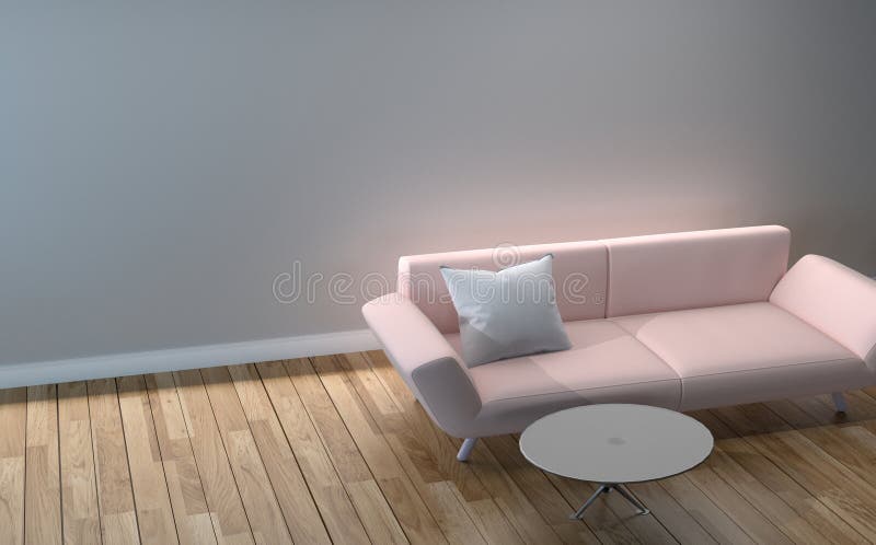 Projeto moderno da sala de visitas - sofá, descanso e tabela cor-de-rosa, assoalho de madeira na parede branca vazia rendi??o 3d ilustração do vetor Projeto moderno da sala de visitas - sofá, descanso e tabela cor-de-rosa, assoalho de madeira na parede branca vazia rendi??o 3d ilustração do vetor
