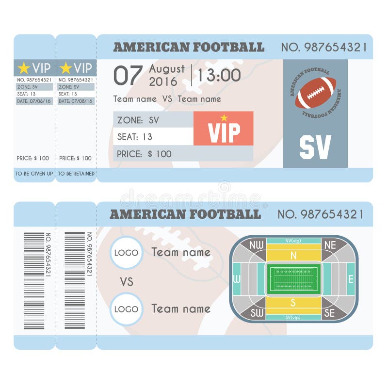 Projeto moderno do bilhete do futebol americano Bola do futebol americano, campo, esquema do estádio com zona ilustração do vetor Projeto moderno do bilhete do futebol americano Bola do futebol americano, campo, esquema do estádio com zona ilustração do vetor