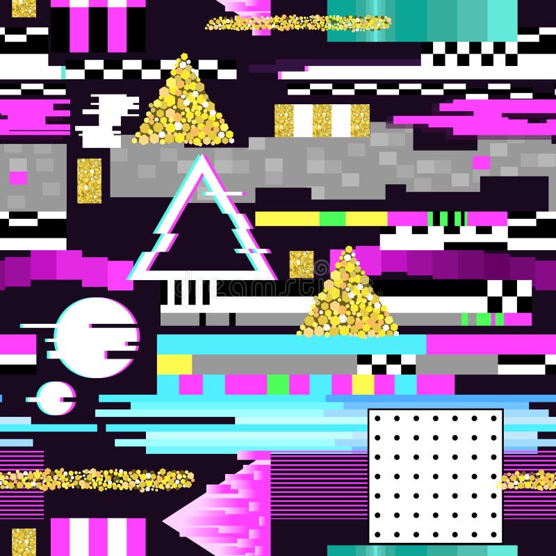 Projeto sem emenda do pulso aleatório do teste padrão Fundo de Digitas do Cyberpunk com elementos geométricos do inclinação Compo ilustração royalty free Projeto sem emenda do pulso aleatório do teste padrão Fundo de Digitas do Cyberpunk com elementos geométricos do inclinação Compo ilustração royalty free