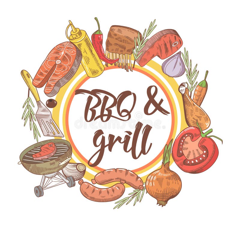 Projeto tirado mão do BBQ e da grade com bife, peixes e molho Partido do piquenique ilustração stock Projeto tirado mão do BBQ e da grade com bife, peixes e molho Partido do piquenique ilustração stock