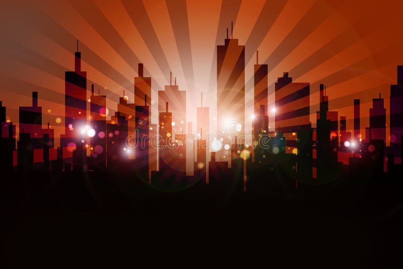 Skyline Urban Design. Cool Browny-Orange Skyline Sun Rise with Rays and Glowing Particles. Skyline Urban Design. Cool Browny-Orange Skyline Sun Rise with Rays and Glowing Particles.