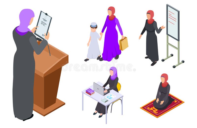Projeto árabe isométrico do vetor da mulher Mulher de negócios muçulmana, professor, mãe, estudante ilustração royalty free Projeto árabe isométrico do vetor da mulher Mulher de negócios muçulmana, professor, mãe, estudante ilustração royalty free