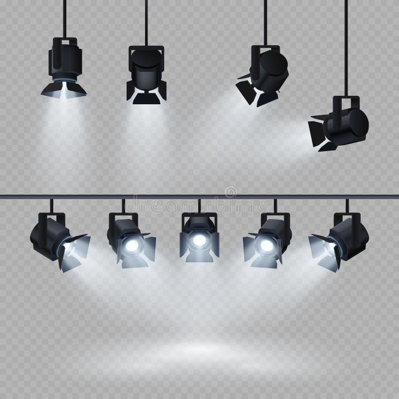 Projetores com a coleção da luz branca isolada no fundo transparente ilustração royalty free Projetores com a coleção da luz branca isolada no fundo transparente ilustração royalty free