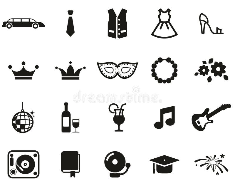 Prom Night Icons White on Black Sticker Set Big Stock Vector ...