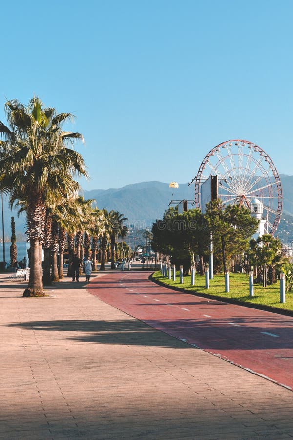 Batumi, Adjara, Georgia - Dec 6, 2021: Promenade by the Black Sea in the Georgian resort. Red bicycle lane, palm trees and ferris wheel in the background. Clear blue sky, sunny day. Batumi, Adjara, Georgia - Dec 6, 2021: Promenade by the Black Sea in the Georgian resort. Red bicycle lane, palm trees and ferris wheel in the background. Clear blue sky, sunny day.