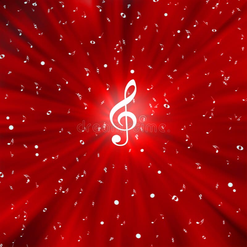 Illustration of radial white music notes with a treble clef in center in blurred red background. Illustration of radial white music notes with a treble clef in center in blurred red background.