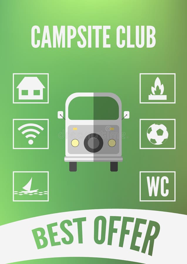 Promotion de club de terrain de camping infographic avec la rétro voiture et les icônes blanches Conception plate illustration stock Promotion de club de terrain de camping infographic avec la rétro voiture et les icônes blanches Conception plate illustration stock