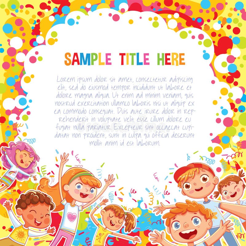 Kids have fun jumping and dancing on confetti background. Advertising holiday template