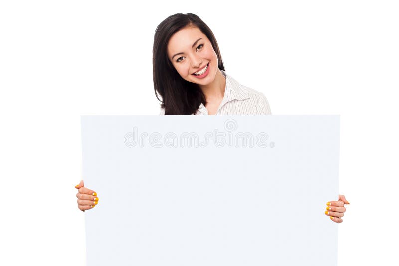 Pretty young asian girl holding blank banner ad, business concept. Pretty young asian girl holding blank banner ad, business concept