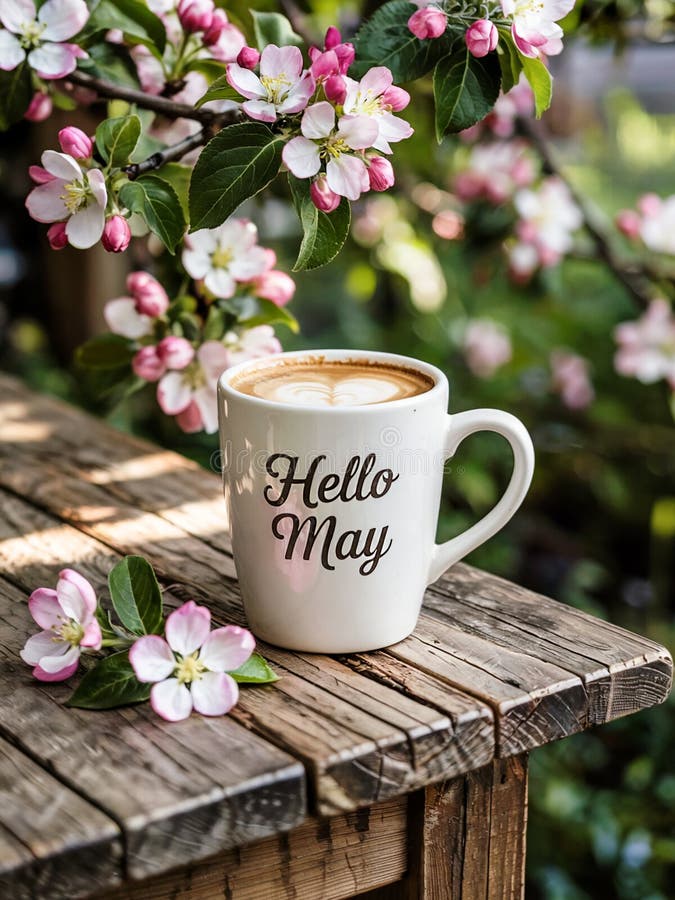 Pronto Maggio su tazza di caffè e fiori di mela rosa sopra il rustico tavolo di legno royalty illustrazione gratis