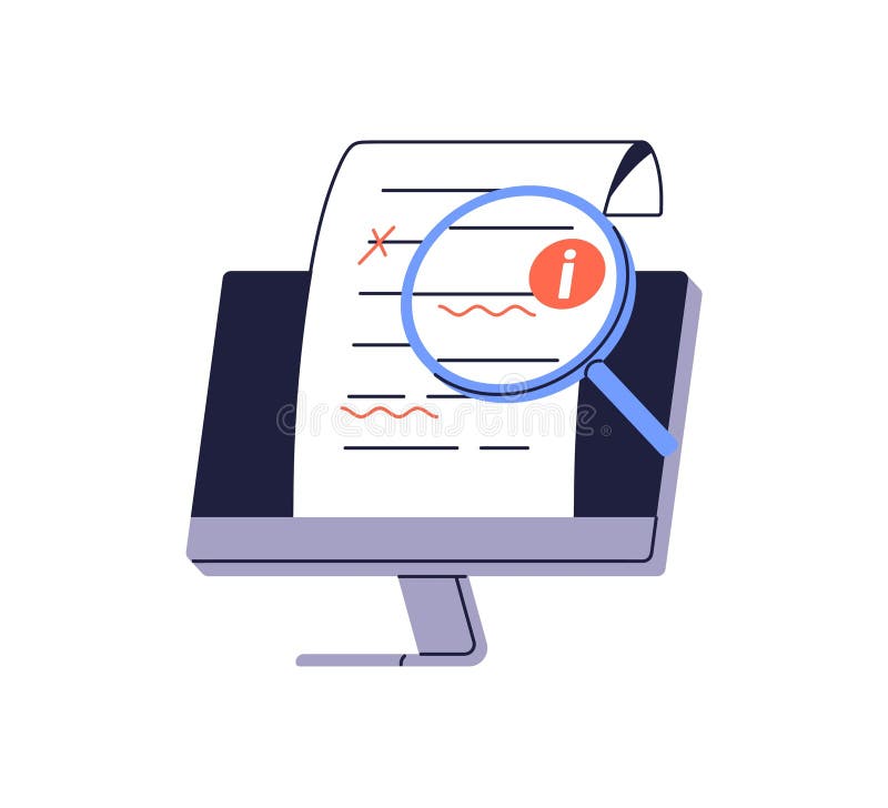 Proofreading digital document, text correction. Searching for spelling mistakes, checking, editing, correcting grammar vector illustration