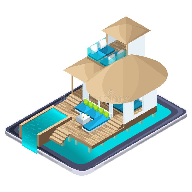Propaganda isométrica do recurso no smartphone de Maldivas, conceito de anúncio brilhante do curso, busca para hotéis de luxo ilustração do vetor Propaganda isométrica do recurso no smartphone de Maldivas, conceito de anúncio brilhante do curso, busca para hotéis de luxo ilustração do vetor