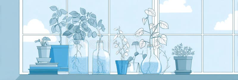 Propagation of Houseplants in Clear Jars on a Windowsill With Natural Light During the Day stock images