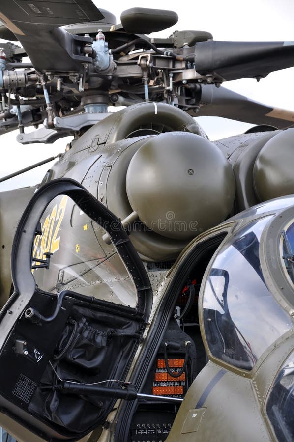 The Propeller Of The Helicopter Closeup Against A Gray Sky. Stock