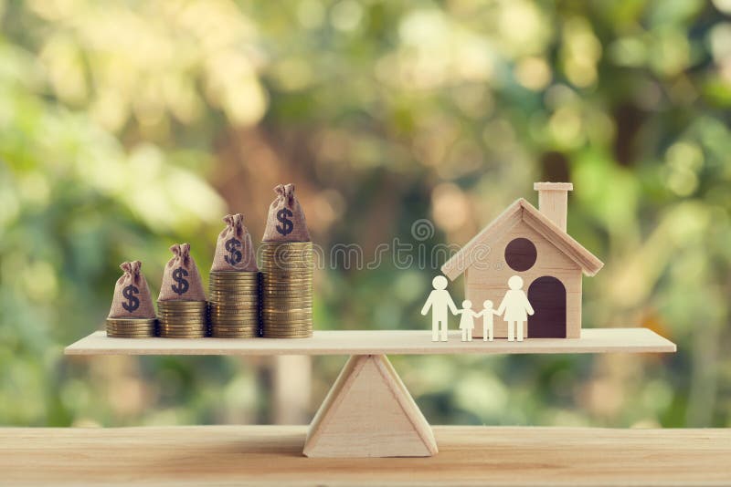 Property investment and house mortgage concept: Wooden home, Family member and US money bags on rows of rising coins on wood