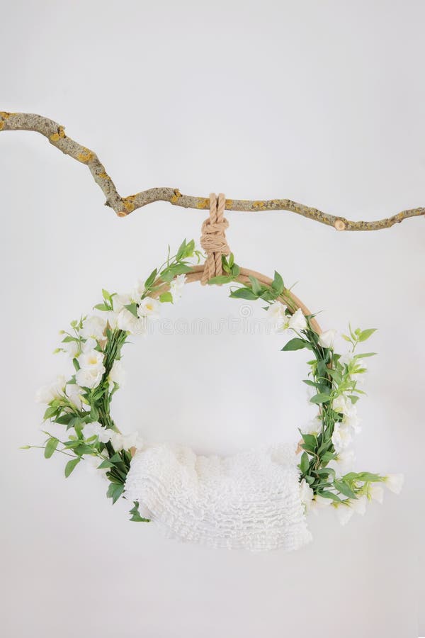 Props for shooting a newborn in a grape ring suspended on a branch decorated with floristry, cradle for a photo