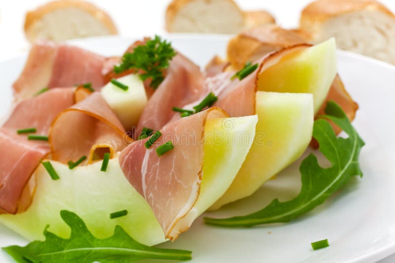 Prosciutto Di Parma Ham and Three Slice of Melon Stock Photo Image of