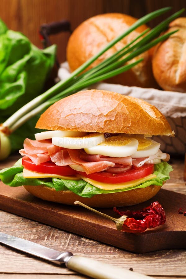 Prosciutto Ham Sandwich with Egg and Vegetables Stock Image Image of