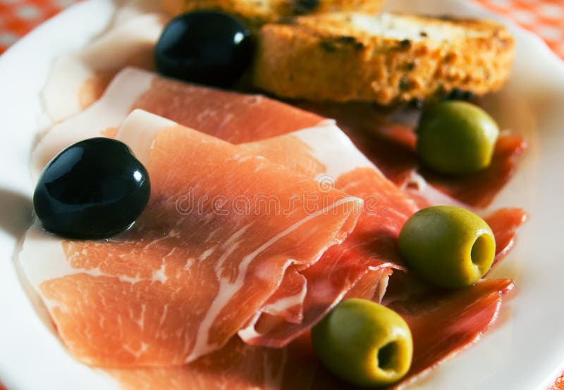 Prosciutto and olives stock image. Image of toasted, cold 14605333